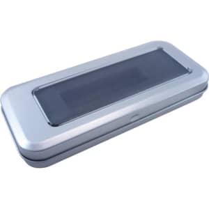 A silver tin with a clear PVC window, designed for packaging pens. Rectangle shape with a secure lid.