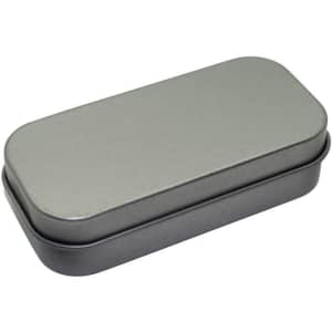 A grey rectangular tin container with a smooth surface and rounded edges, featuring a lid.