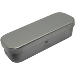 A metallic silver rectangular tin container with a smooth, rounded lid. It has a branding logo on the surface.