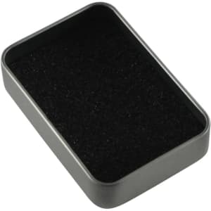 A rectangular silver tin with a black interior, suitable for packaging pens. It includes a window on the lid.