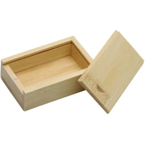 A wooden slide box in natural bamboo colour, featuring an open lid and a smooth interior. It has a logo on the side.