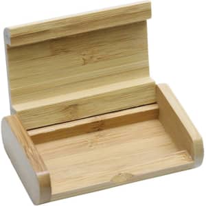 A wooden hinged box in a light bamboo finish, featuring a simple design with a flat base and open compartment.