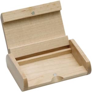 A wooden hinged box in a light natural finish, featuring a sliding lid and a small compartment.