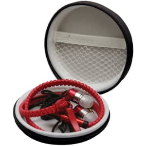A zippered case in black, containing red wired earphones and a red braided cable. It has a mesh pocket inside.
