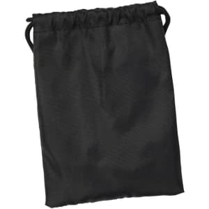 A black drawstring pouch with a textured surface and a cinched closure at the top. It features a logo.