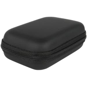 A black zippered case with a hard exterior, featuring a textured surface and a zip closure.