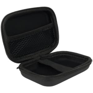 A black zippered case with a mesh pocket and a strap inside, designed for storage.