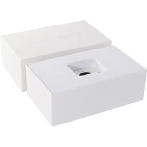 A white gift box with a foam insert, designed for packaging a smart watch. It has a logo on the surface.