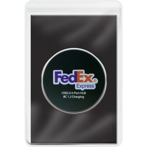 A transparent pouch contains a USB 2.0 4-port hub with a circular logo. The pouch is black with a white border.