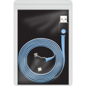 A blue USB charging cable packaged in a transparent press lock pouch, featuring a logo.