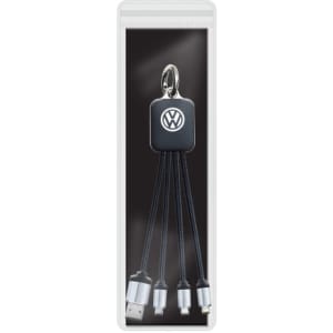 A keychain with multiple charging cables in black, featuring a logo on a rectangular holder.