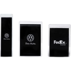 Three press lock pouches in various sizes, featuring logos on a black background. Made from clear plastic.