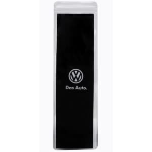 A clear press lock pouch featuring a black insert and a logo on the front.
