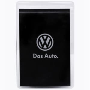 A clear press lock pouch featuring a black background and a logo. Suitable for miscellaneous storage.