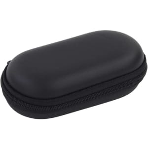 A black zippered case with a smooth, rounded design, featuring a secure zipper closure and a simple logo.