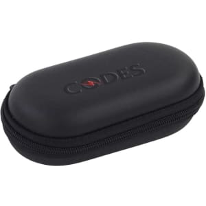 A black zippered case with a rounded shape, featuring a logo on the surface. Ideal for storing small items.