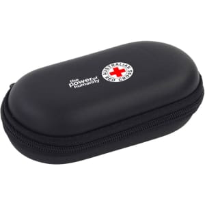 A black zippered case with a rounded shape and a logo on the front. The case is compact and hard-shell.