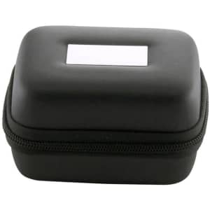 A black zippered adaptor case with a smooth exterior and a rounded shape, featuring a logo on the front.