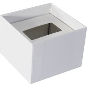 A white gift box with a square shape and a transparent top opening. It has a simple design and a branding logo.