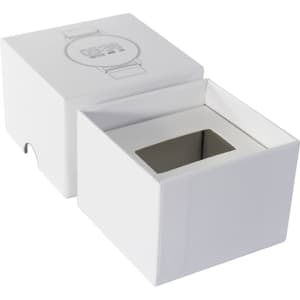 A white gift box with a removable lid, designed for pen packaging, featuring an interior cut-out and branding.