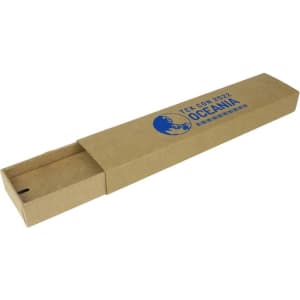 A kraft sliding gift box with an engraved logo, designed for pen packaging. It features a brown cardboard material.