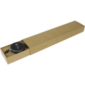 A kraft sliding gift box with a black engraved logo and a pen inside.