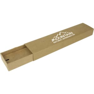 A Kraft sliding gift box in a natural brown colour, featuring an engraved logo, designed for pen packaging.