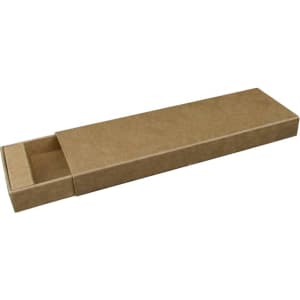 A kraft sliding gift box in brown with an engraved logo. The design features a drawer-style opening.