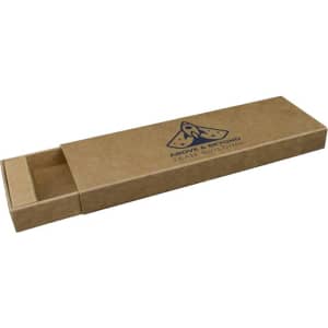A brown Kraft sliding gift box with an engraved logo, designed for packaging items.