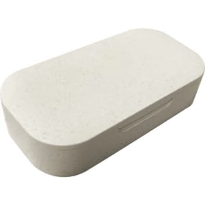 A light grey hinged box with a smooth surface and rounded edges, featuring a subtle texture. It has a small logo.