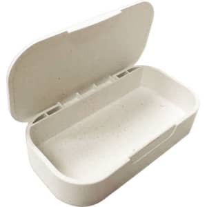 A white hinged lunch box with a textured interior and a slim design, featuring an integrated clasp and a logo.