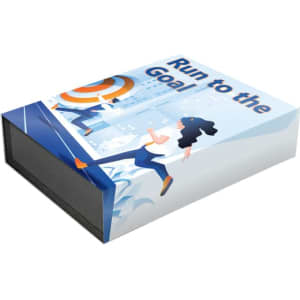 A promotional gift box featuring a running theme in blue and orange, with an illustration on the cover and a black interior.