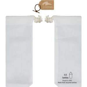 A light grey drawstring pouch made from recycled bottles, featuring a tag with a logo.