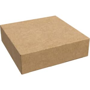 A recycled kraft tuck box in a natural brown colour, featuring a logo, measuring 85 x 85 x 23 mm.