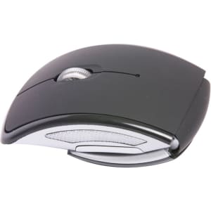 A wireless optical mouse in black with a sleek design and a silver accent. It features a scroll wheel and branding.