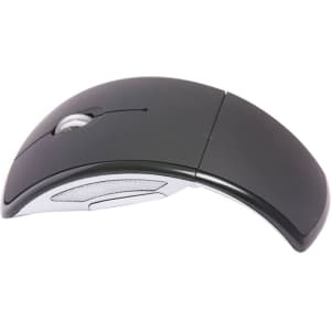 A wireless optical mouse in black with a sleek, curved design and a silver accent. It features a logo on its surface.