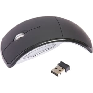A wireless optical mouse in black with a USB receiver, featuring a sleek, curved design.