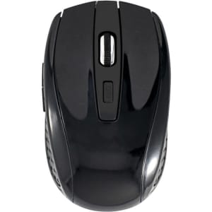 A black wireless mouse with a scroll wheel and side buttons, featuring a smooth surface and ergonomic design.