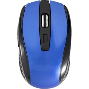 A wireless mouse in vibrant blue with black accents, featuring a scroll wheel and buttons. It has a logo on it.