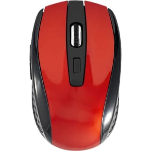 A red wireless mouse with a black underside and scroll wheel, featuring a logo on its surface.
