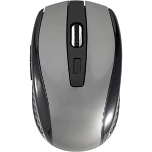 A wireless mouse in grey with a sleek design and a scroll wheel, featuring a branding logo.