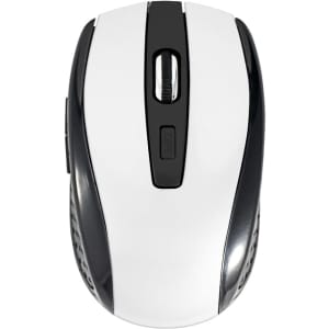 A wireless mouse in white and black with a scroll wheel and side buttons, featuring a branding logo.