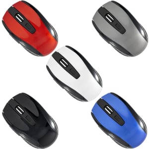 A collection of Optica Wireless Mouses in red, grey, white, black, and blue, featuring a logo on each.