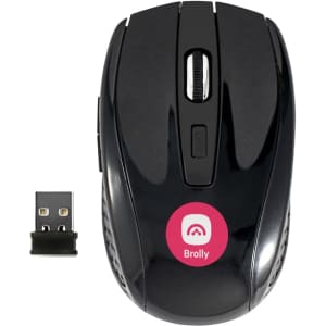 A black wireless mouse with a USB receiver, featuring a round logo on its surface.