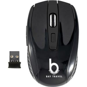 A black wireless mouse with a USB receiver, featuring a logo on its side.