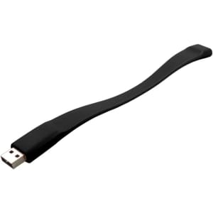 A black silicone wristband with a USB connector at one end. The band has a smooth, flexible design.