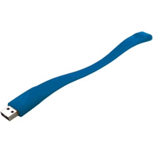 A blue silicone wristband with a USB connector on one end and a branded logo.