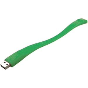 A green silicone wristband with a USB connector at one end, featuring a brand logo.