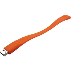 An orange silicone wristband with a USB connector on one end and a flexible design. It features a logo.