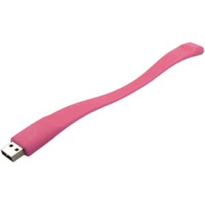 A pink silicone wristband with a USB connector at one end, featuring a branded logo.